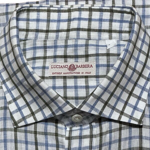 Luciano Barbera 100% Linen Button Up Cream Blue Green Long Sleeve Shirt NWOT XL